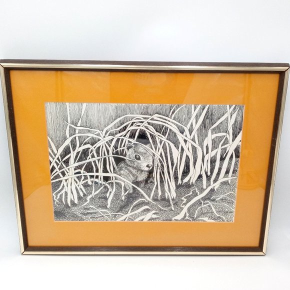 Chipmunk Wall Art Framed Groundhog Pen And Ink Drawing Signed 20 x 15 Cute Anima - Picture 2 of 10